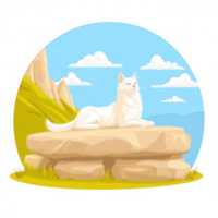 A serene white cat peacefully resting on a large rock, surrounded by lush green grass and a vibrant blue sky with fluffy clouds, evoking tranquility and harmony with nature. png