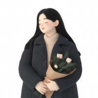 A serene woman in a black coat holding a bouquet of tulips, exuding warmth and tranquility against a white isolated background. png