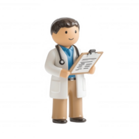 A smiling healthcare professional holding a clipboard, dressed in a white coat and stethoscope, representing medical care and professionalism against a white isolated background. png
