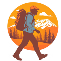 A silhouette of a man hiking with a backpack against a sunset background featuring mountains and pine trees, symbolizing adventure and exploration in the great outdoors. png