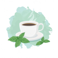 A steaming cup of coffee on a saucer, surrounded by fresh mint leaves. This inviting image captures the essence of warmth and refreshment. png