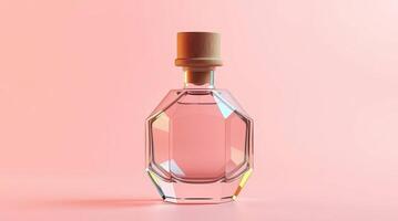 A pink perfume bottle with a wooden stopper on a pink background photo
