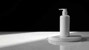 A white bottle of soap sits on a table photo