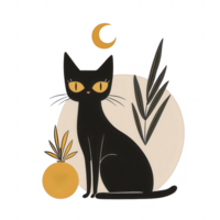 A stylish black cat with striking yellow eyes sits elegantly beside a round element and leaves, highlighted by a crescent moon above, creating a whimsical, artistic vibe. png