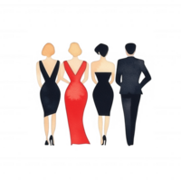 A stylish group of four individuals in elegant attire, showcasing a blend of fashion and sophistication, ideal for events, parties, or upscale gatherings, with a white isolate back png