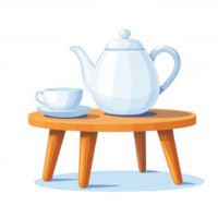 A stylish teapot with a matching cup placed on a wooden table, creating a cozy tea setting. The white teapot features elegant curves, ideal for afternoon tea moments. png