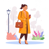 A stylish woman in a yellow coat walking in a park, holding a drink. Surrounded by colorful plants and cheerful scenery, representing a vibrant urban lifestyle. png