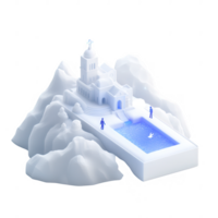 A stylized building set on a mountain with a serene pool, featuring characters interacting with the tranquil environment. png