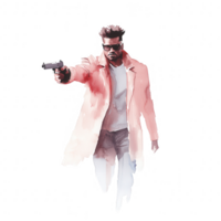 A stylized illustration of a confident figure dressed in a long coat, pointing a gun, evoking themes of action and drama in a unique artistic interpretation. png