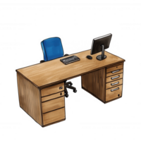 A stylish wooden office desk with a blue chair, keyboard, and monitor, perfect for a modern workspace or home office setup. png