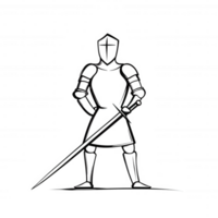 A stylized illustration of a knight in armor holding a sword, isolated on a white background, representing chivalry and medieval times. png