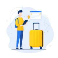 A traveler using a smartphone for navigation with a yellow suitcase beside them, preparing for an adventurous journey, symbolizing modern travel convenience. png