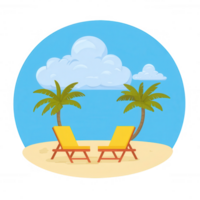A tranquil beach scene featuring two yellow lounge chairs under palm trees, set against a clear blue sky with fluffy clouds, perfect for relaxation and vacation vibes. png