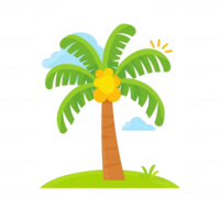 A vibrant and colorful illustration of a tropical palm tree with yellow coconuts, green fronds, and a sunny sky, perfect for summer-themed projects. png