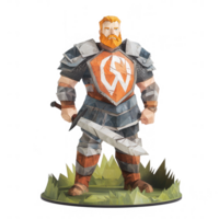 A stylized warrior character in armor holds a sword, designed in a geometric style, standing on a patch of grass with a vibrant background. png