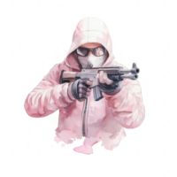 A tactical figure dressed in a pink hoodie and mask, aiming a firearm, showcasing a sense of strategic intent and focus against a white isolated background. png