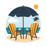A tranquil beach scene featuring two yellow chairs under an umbrella, with palm trees and a sunny sky, perfect for relaxation and vacation vibes. png