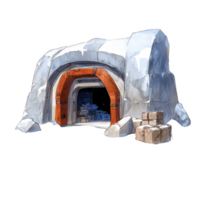 A stylized cave entrance, featuring a rocky exterior with an arch and visible crates, presented on a white isolated background. png