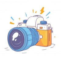 A vibrant illustration of a digital camera with a bright lens, surrounded by playful bursts and accents, perfect for emphasizing photography themes. png