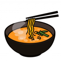 A vibrant illustration of a bowl of ramen noodles with chopsticks, showcasing rich colors and appetizing details in a modern style. png