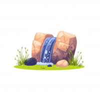 A vibrant illustration of a waterfall cascading over rocks surrounded by lush greenery, creating a serene and natural atmosphere. png