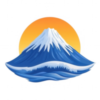 A vibrant illustration of a snow-capped mountain against a colorful sunset. The mountain is beautifully detailed with deep blue slopes and white peaks, creating a serene view. png