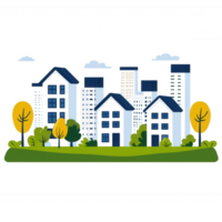 A vibrant illustration of modern buildings surrounded by lush greenery and trees, set against a clear sky, symbolizing urban development and environmental harmony. png