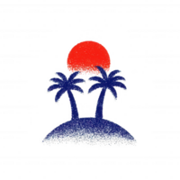A vibrant island scene featuring two palm trees silhouetted against a bright red sun setting on the horizon, creating a serene and tropical atmosphere. png