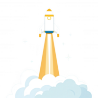 A vibrant rocket launch, symbolizing innovation and progress, with dynamic clouds and sparkling effects, perfect for themes related to exploration and advancement. png