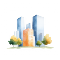 A vibrant watercolor illustration of modern skyscrapers surrounded by stylized trees, showcasing urban architecture with a blend of colors on a white background. png