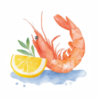 A vibrant watercolor illustration of a shrimp next to a slice of lemon and a sprig of greenery, capturing the essence of fresh seafood against a clean background. png