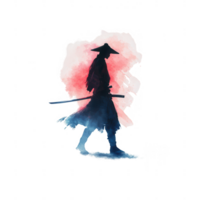 A watercolor silhouette of a samurai walking with a sword, against a soft gradient background of red and blue, evoking themes of strength and tradition. png