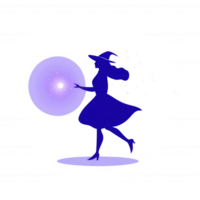A whimsical silhouette of a woman in a flowing dress, dancing playfully with a luminous orb, surrounded by sparkling magic effects on a transparent background. png