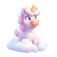 A whimsical unicorn character with a pastel color scheme, sitting on a fluffy cloud against a white background, embodying magic and fantasy. png