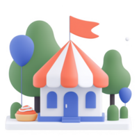 A whimsical carnival booth with vibrant striped roof, decorative balloons, and lush green trees creating a fun and inviting atmosphere. png