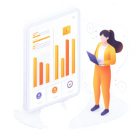 A woman analyzing data on a digital screen displaying colorful graphs. It represents business analytics and performance metrics. png