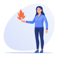 A woman holding colorful autumn leaves, standing against a soft gradient background, showcasing a connection with nature and the changing seasons. png