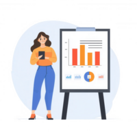 A woman standing beside a presentation board with colorful charts and graphs. She is holding a tablet, showcasing data analysis, in a modern office setting. png