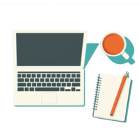 A workspace setup featuring a laptop, a notebook with a pen, and a coffee cup, perfect for productivity and creativity in a modern work environment. png