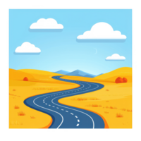 A winding road traversing through a golden landscape, with rolling hills and a blue sky scattered with clouds, evoking a sense of adventure and tranquility. png