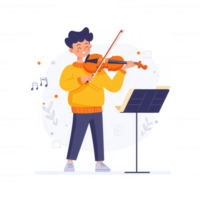 A young boy in a bright yellow sweater plays the violin with joy, surrounded by musical notes. His enthusiasm reflects a love for music and creativity, showcasing a vibrant moment. png