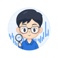 A young cartoon character with glasses analyzing data trends with a magnifying glass against a graph background. Perfect for illustrating analysis and finance concepts. png