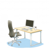 An illustration of a modern office workspace featuring a desk with a computer, a comfortable chair, and stationery on a blue area rug. png