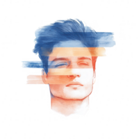 Artistic portrait of a young man with abstract color strokes, conveying a sense of calm and introspection against a transparent backdrop. png