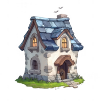 Charming small stone house with a blue slate roof and glowing windows, surrounded by grass, ideal for a fairytale theme, white isolate background. png