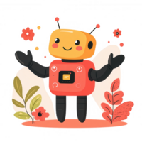Cheerful robot character with flowers, colorful design, cartoon style, ideal for digital or print designs, playful atmosphere and charming personality. png