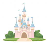 Colorful fairy tale castle with pointed towers and flags, surrounded by green trees, designed for joyful storytelling and whimsical themes. png