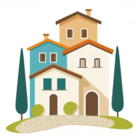Colorful and charming cartoon-style houses with trees and a pathway, perfect for use in various design projects. png