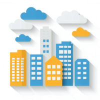 Colorful abstract skyline with geometric buildings and clouds, featuring a modern and playful design against a white background. png