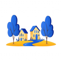 Colorful illustration of two houses surrounded by trees and a small river, depicting a peaceful rural landscape. Perfect for design, backgrounds, or children's content. png